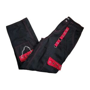 Hot Topic Womens Size 5 Goth Pants Black With Red Trim Chains Cargo Like